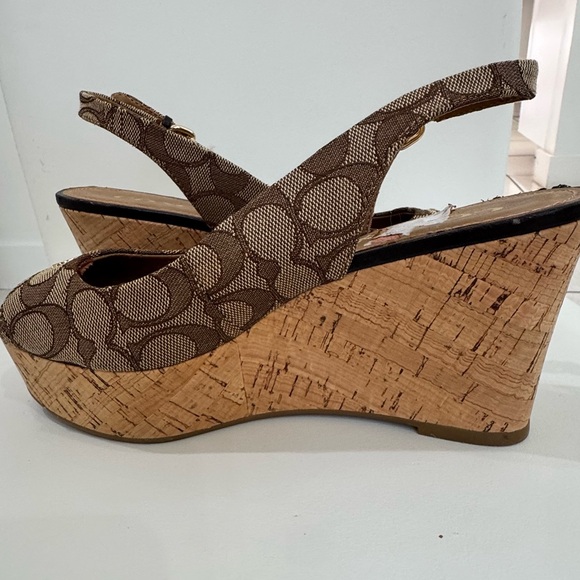 Coach Logo Print Slingback Wedge Sandals Brown Beige Black Canvas Leather 7.5B - Picture 6 of 12